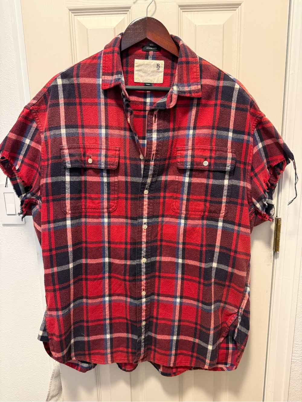R13 Red and Black Plaid Short-Sleeve Button-Down Shirt